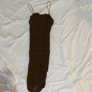 Brown ruched midi dress